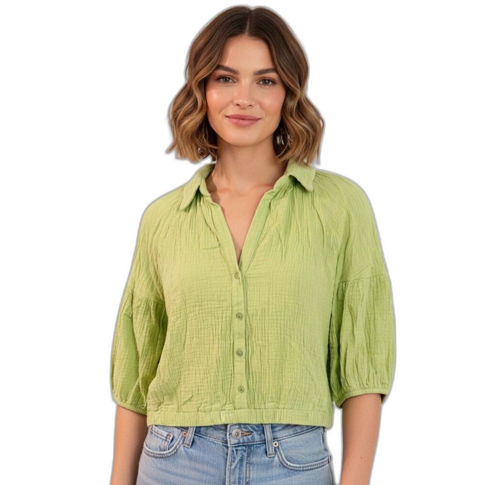 Lush Cream Green Gauze Button Front Blouson Short Sleeve Crop Blouse Size XL